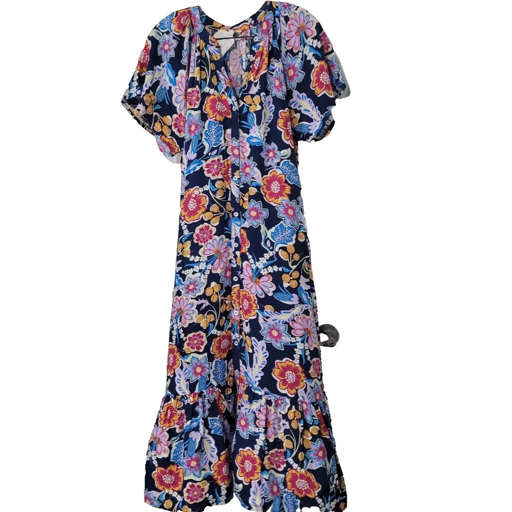 NEW Umgee Medium dress flower button front navy belt v-neck pleated